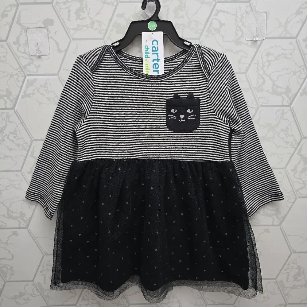 Nwt Carter's 100% Cotton Baby Girl Halloween Tulle Dress Black Cat 2 pc